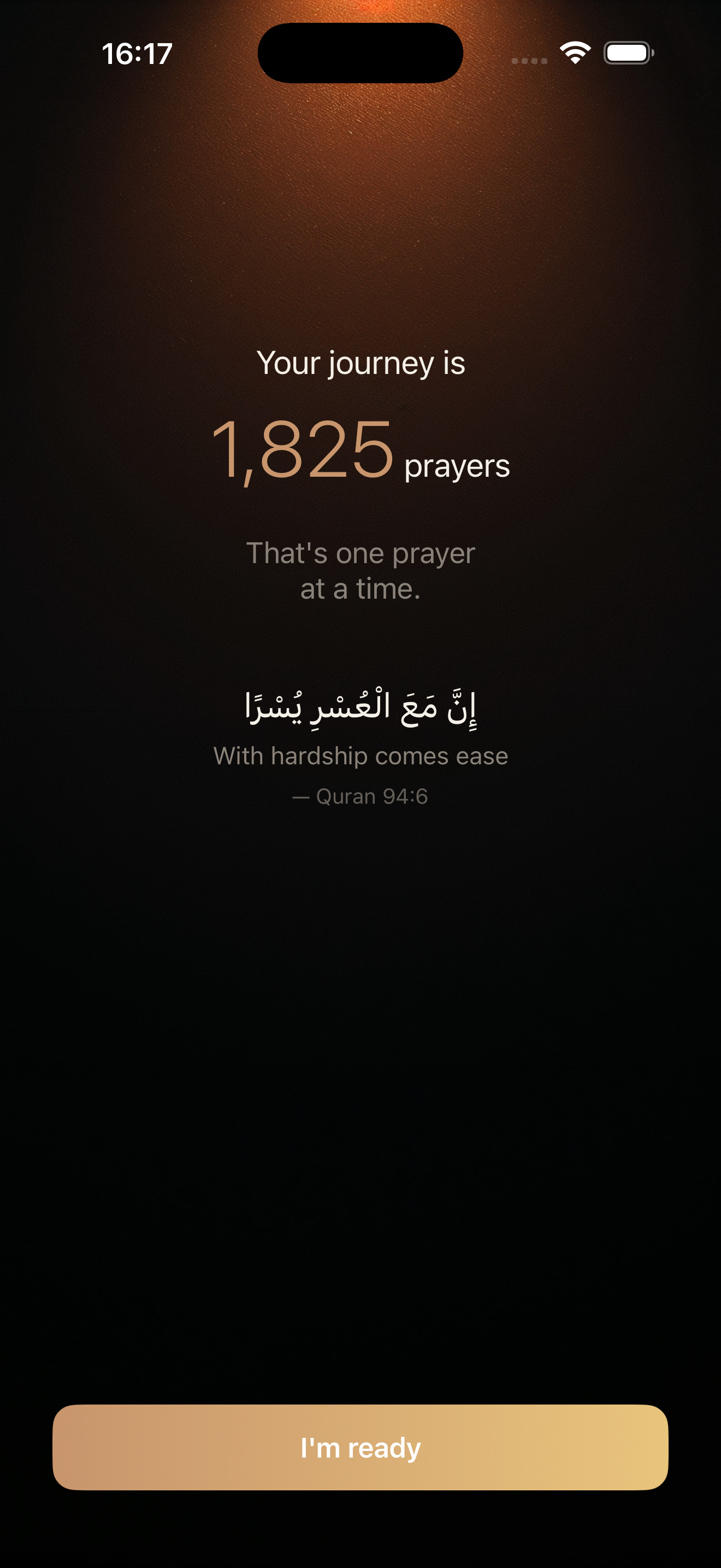 Journey screen showing total prayer count with Quranic encouragement